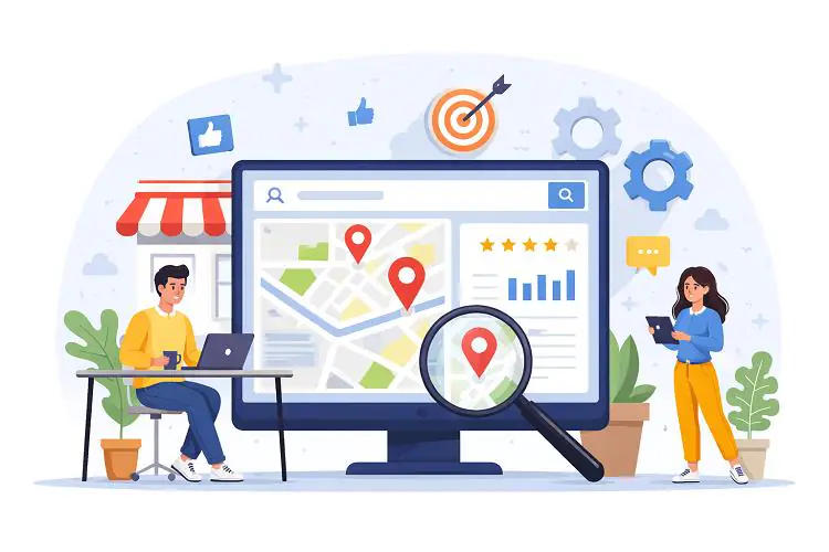 Illustration of small business owners optimizing local SEO services USA with Google Maps pins, search dashboard, reviews, and analytics on a large computer screen.